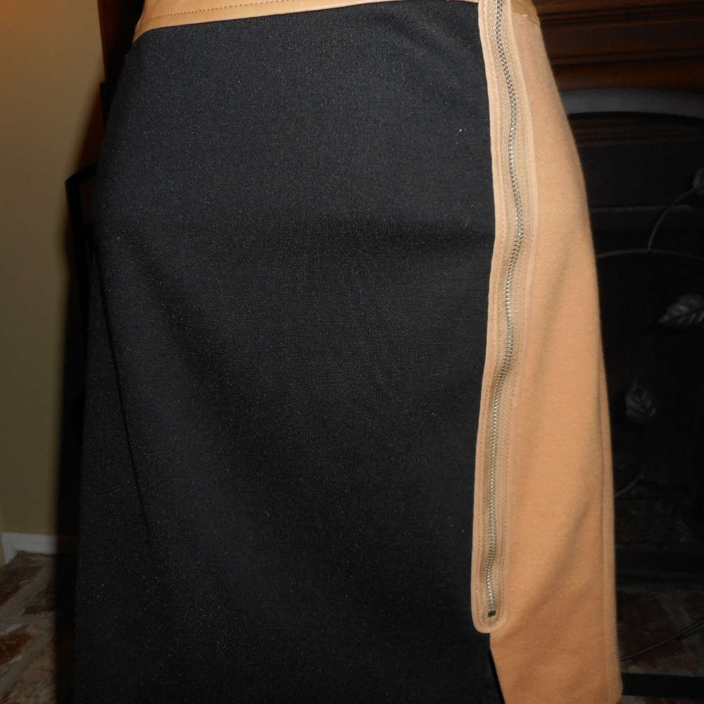 Color Block Black & Tan Two Tone A-Line Leather & Fabric Skirt by Tracy Reese